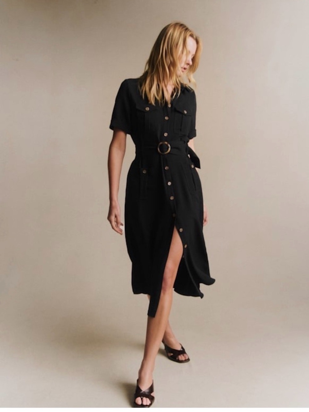 Sézane Black Raquel Midi Shirt Dress Size FR 40 / US 8 - Missing Belt Buckle